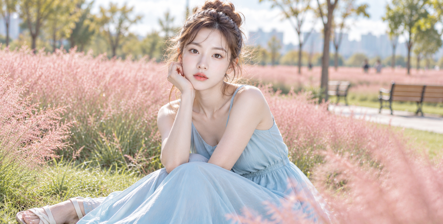 Japanese Spring/Summer City Park Portrait with Pink Muhly Grass