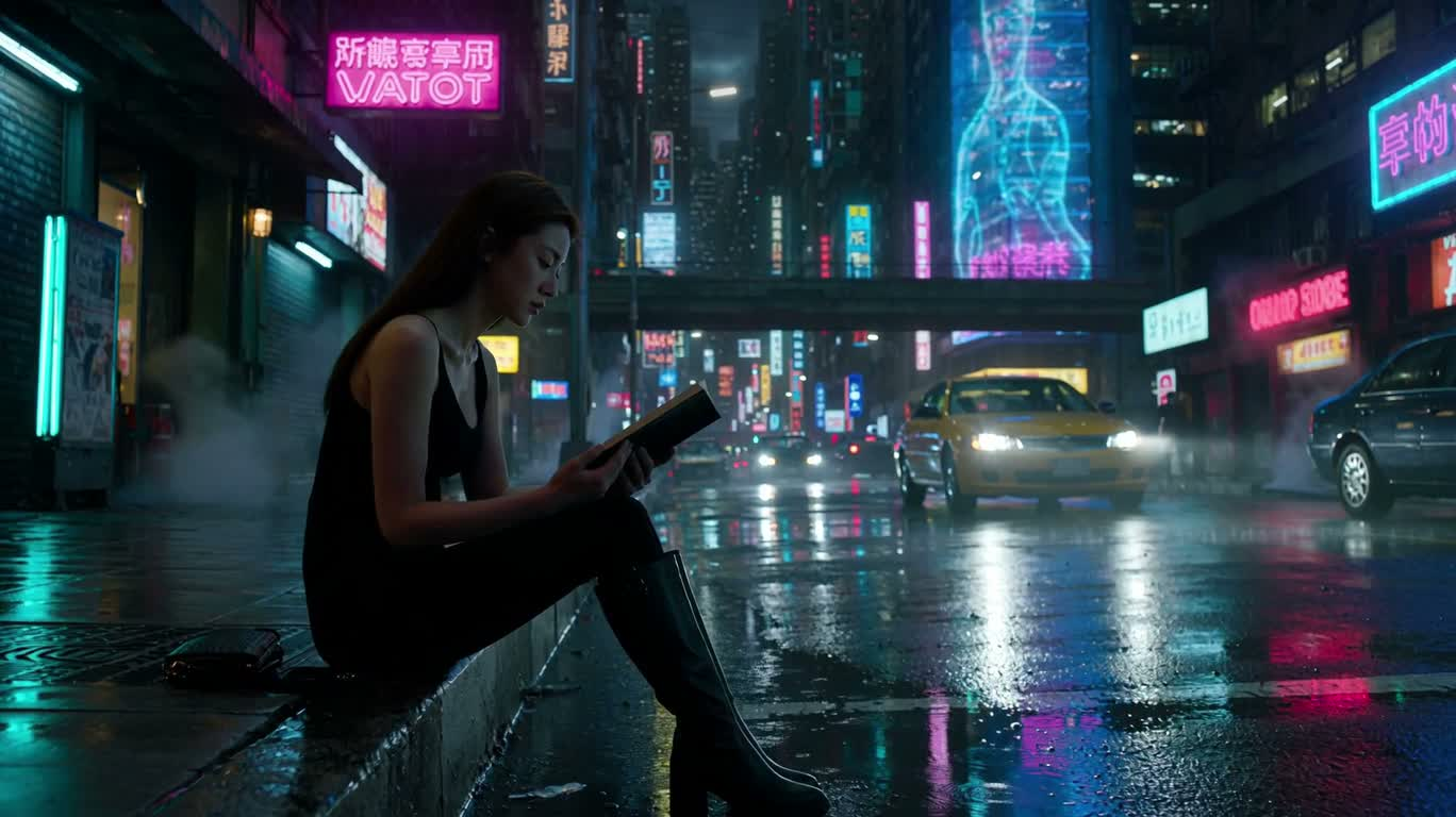 霓虹赛博朋克中的读书少女 — AI video creation