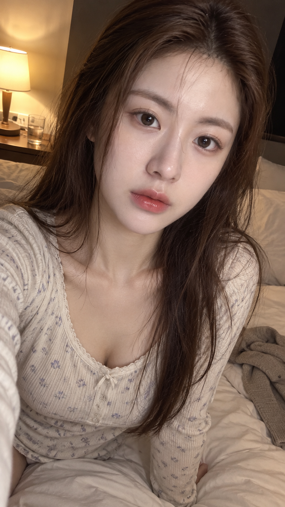 暖灯卧室中的成年女性睡前自拍