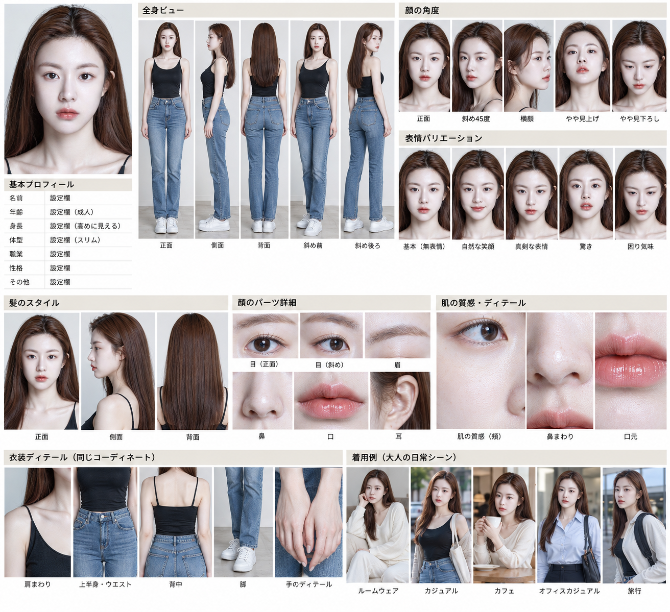 成年女性角色一致性参考表 — AI image creation