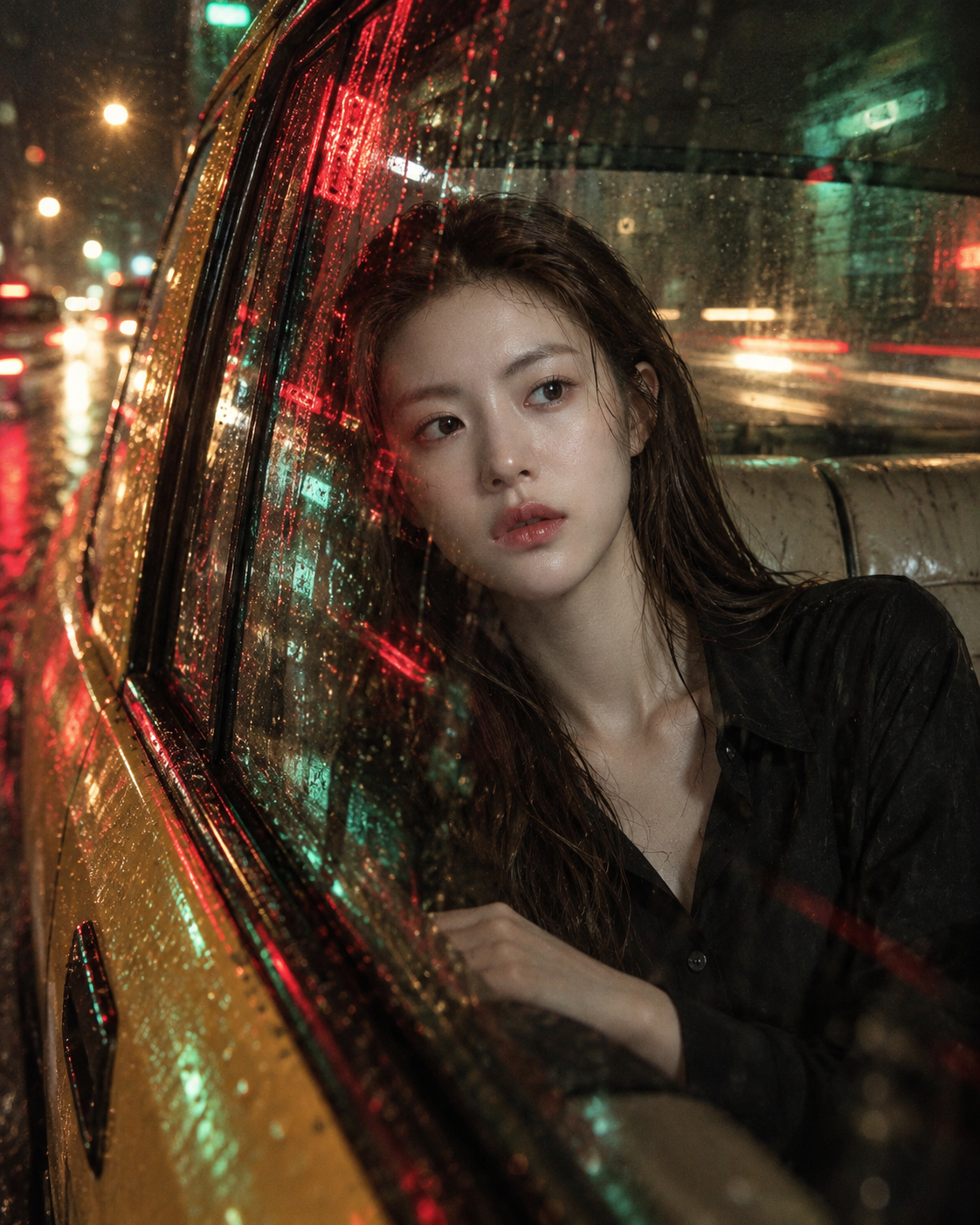 雨夜出租车中的霓虹孤影 — AI image creation