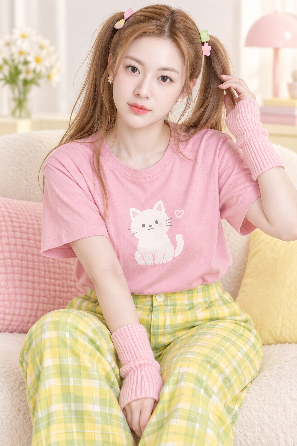 成年女性的粉色猫咪主题俏皮时尚肖像 — AI image creation