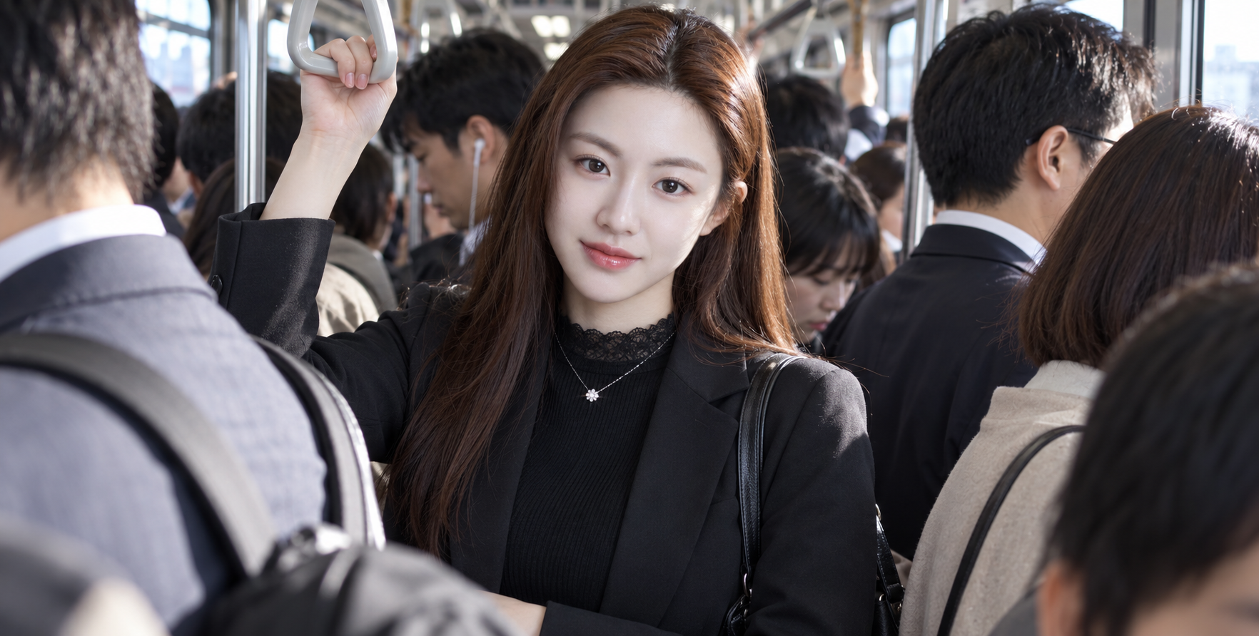 혼잡한 일본 통근 열차 안의 성인 여성 초상