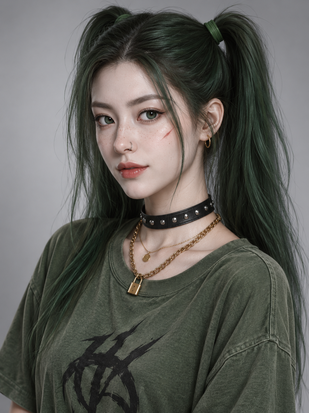 绿发雀斑酷女孩的3D立体肖像 — AI image creation