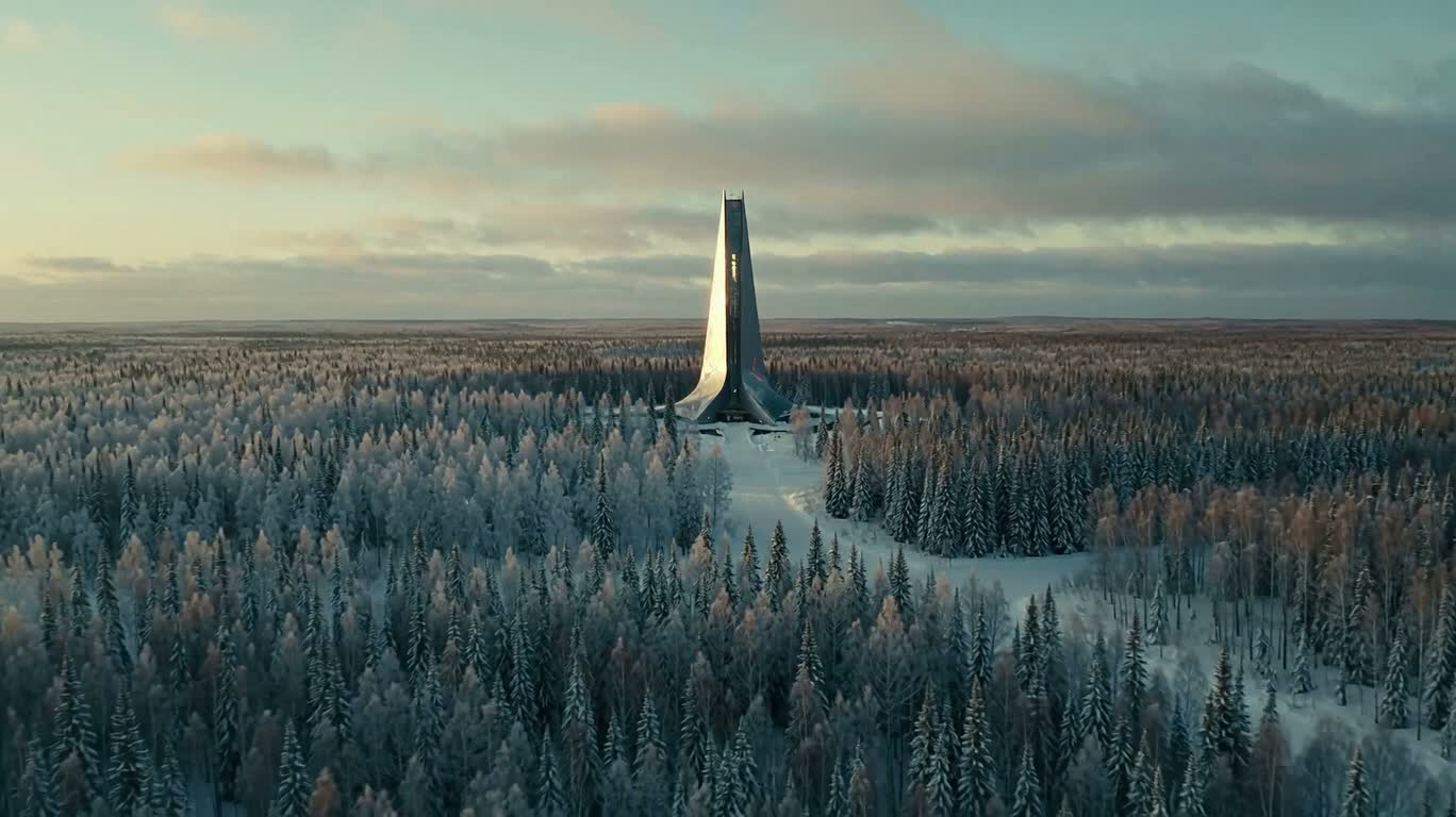 Lame des neiges : gratte-ciel futuriste dans la taïga — AI video creation