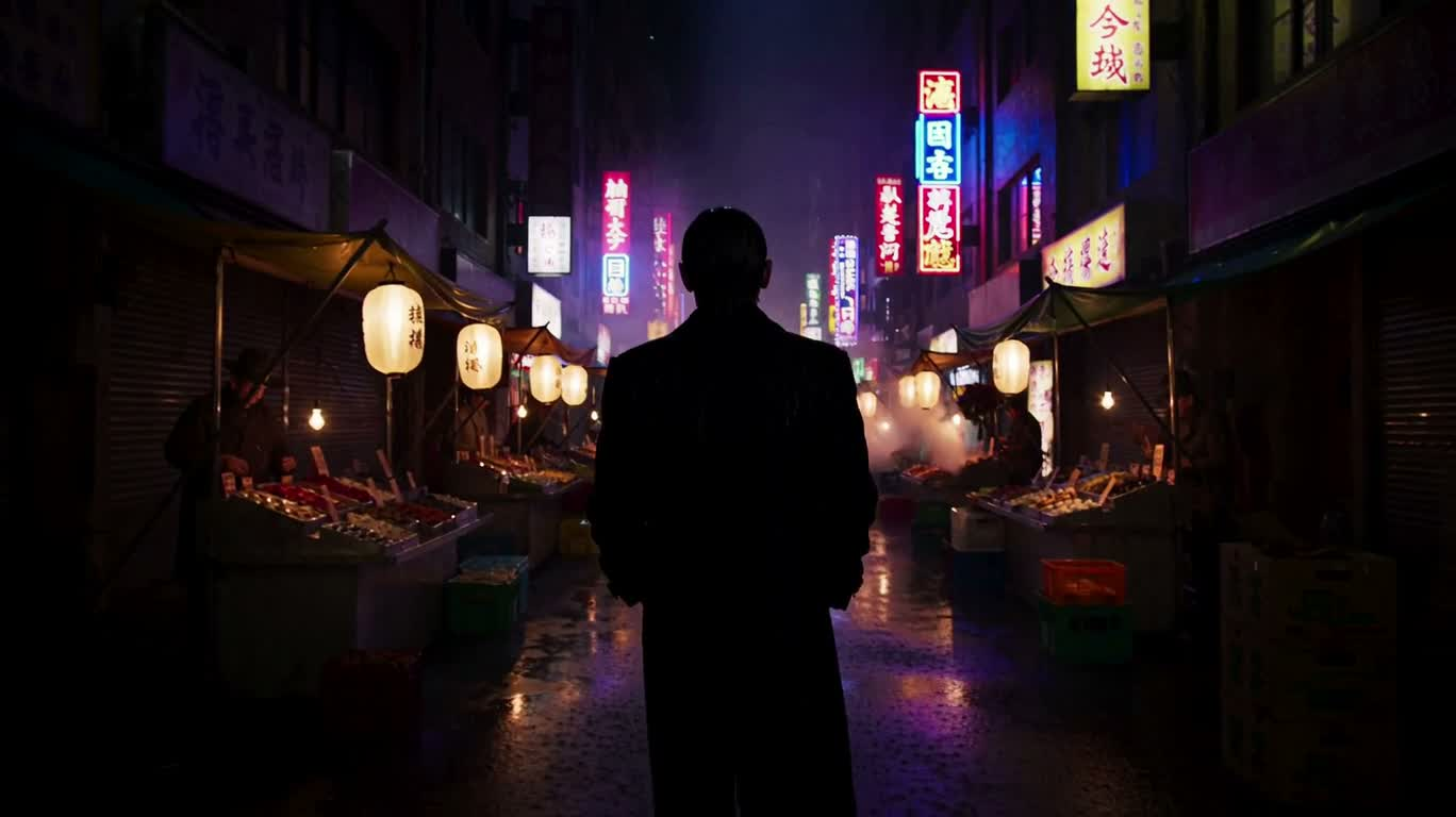 霓虹雨夜集市漫行 — AI video creation