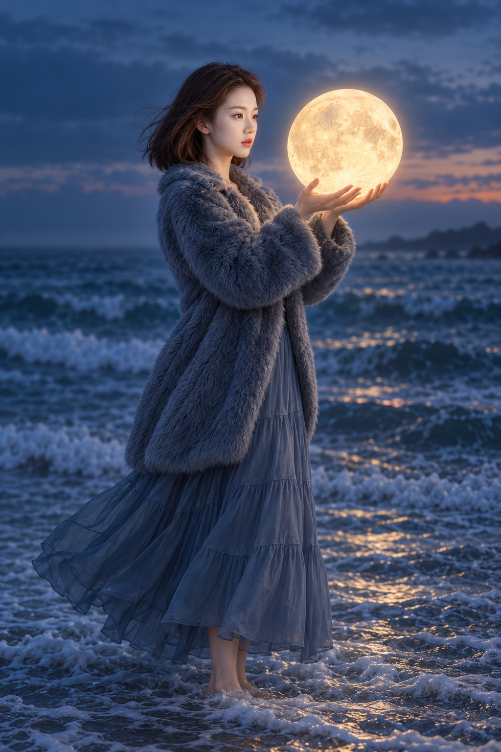 暮色海畔成年女性手捧发光月球