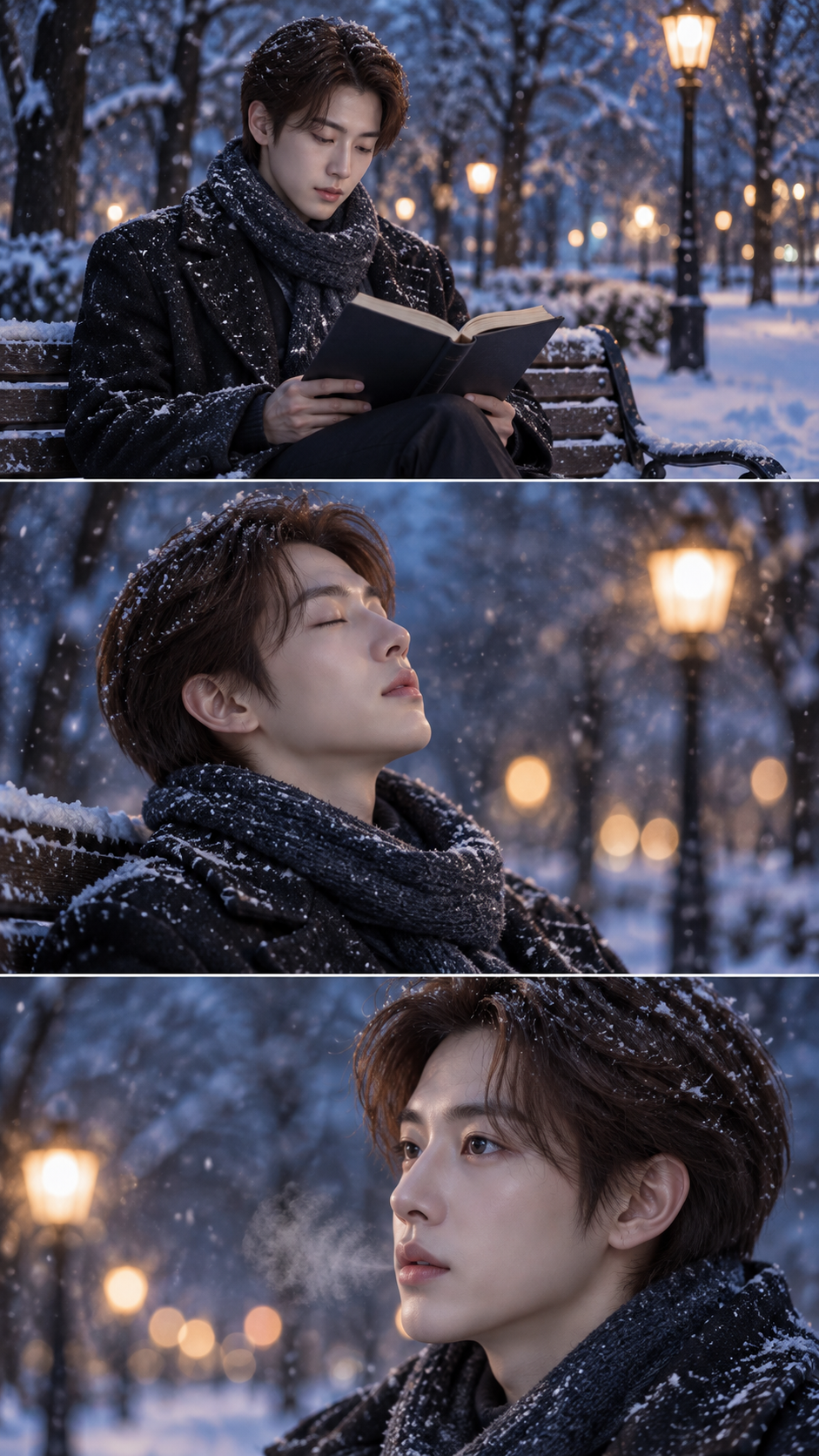 冬夜蓝调时刻雪中阅读的静谧电影感人像 — AI image creation