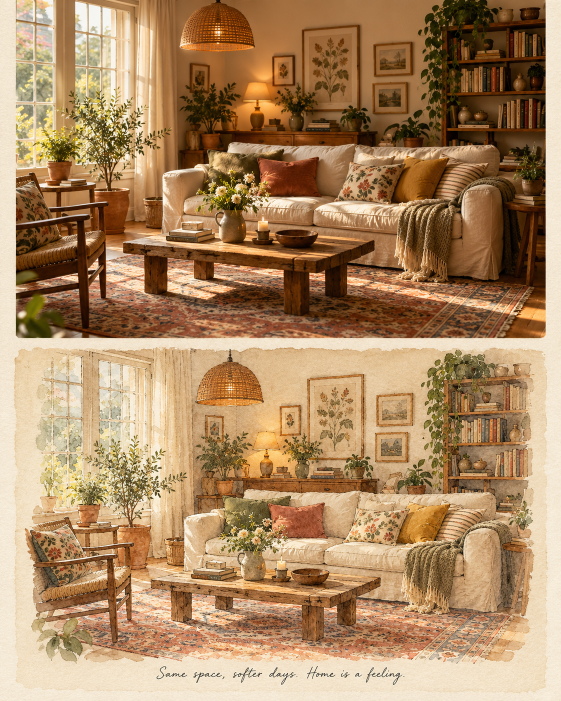 Intérieur chaleureux : photo et aquarelle en diptyque — AI image creation
