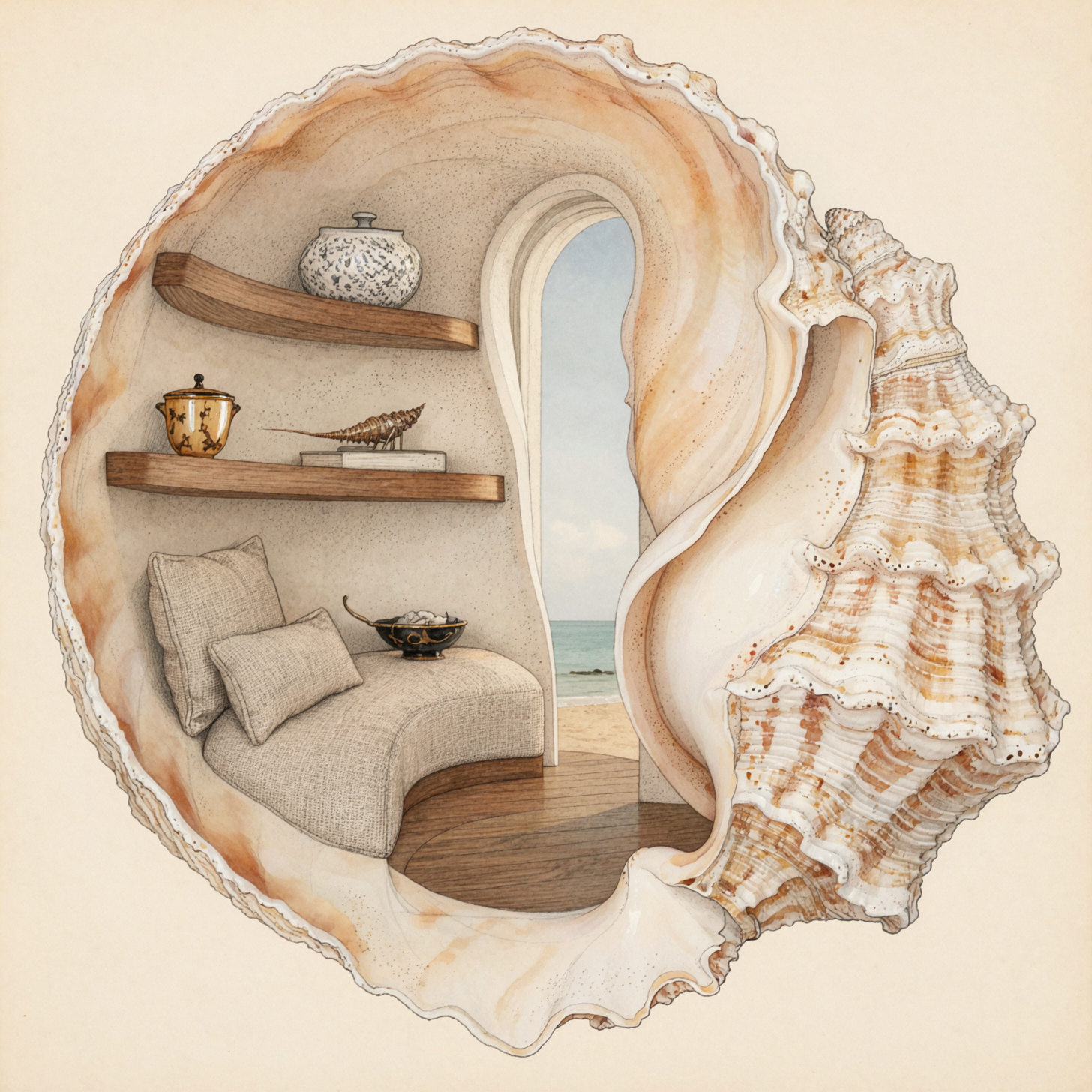 Cabinet de travail en coquillage géant · Sciences naturelles — AI image creation