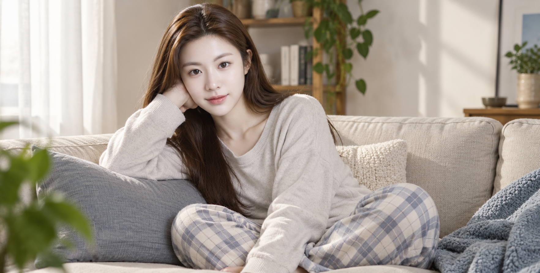 周六沙发上的慵懒Z世代女孩 — AI image creation