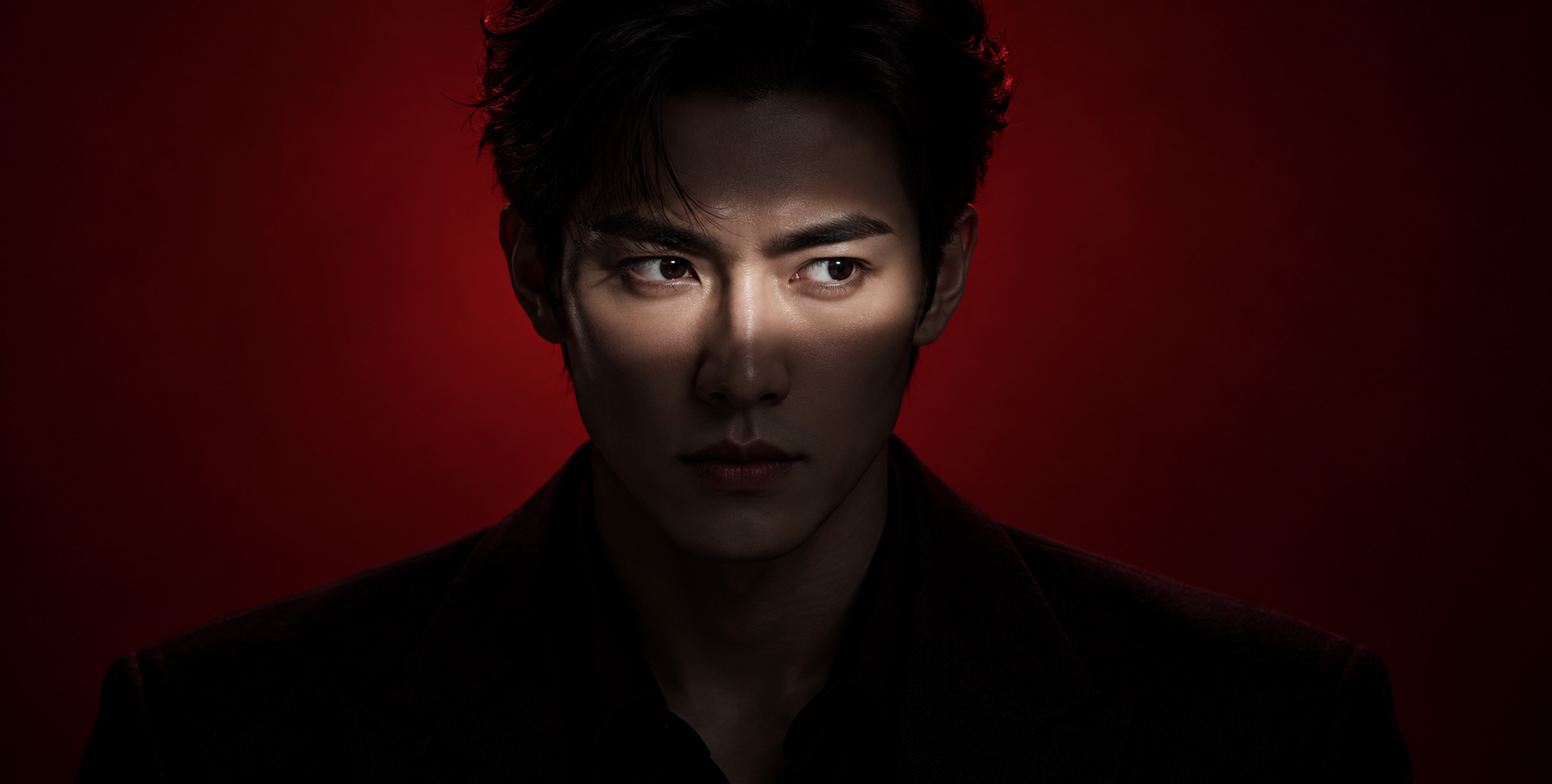 深红暗调水平光带电影人像 — AI image creation