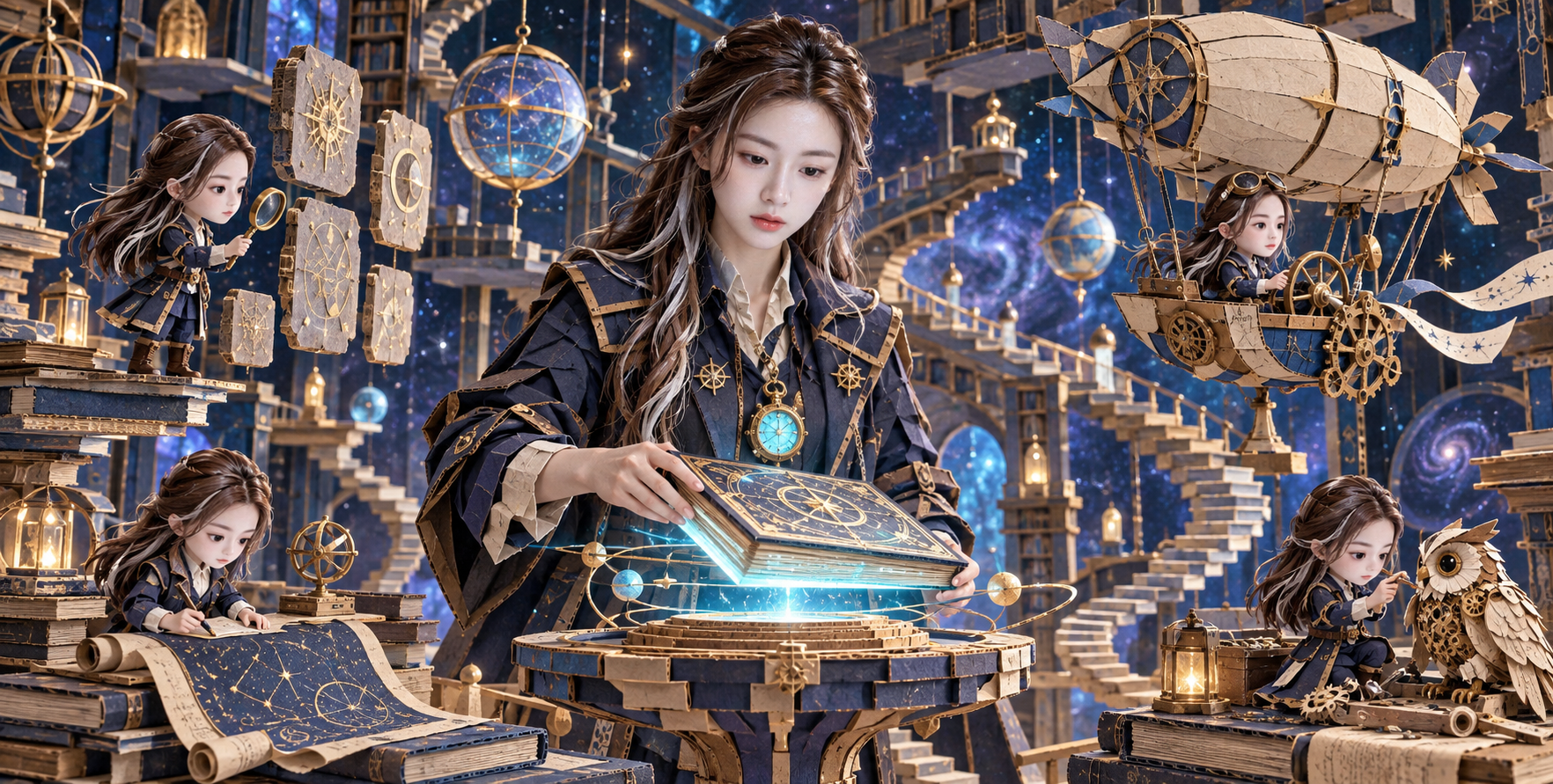 漂浮宇宙图书馆中的蒸汽朋克纸雕探险家 — AI image creation
