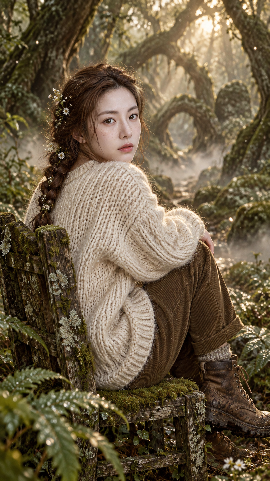 晨雾原始森林中的成年女性沉思肖像 — AI image creation