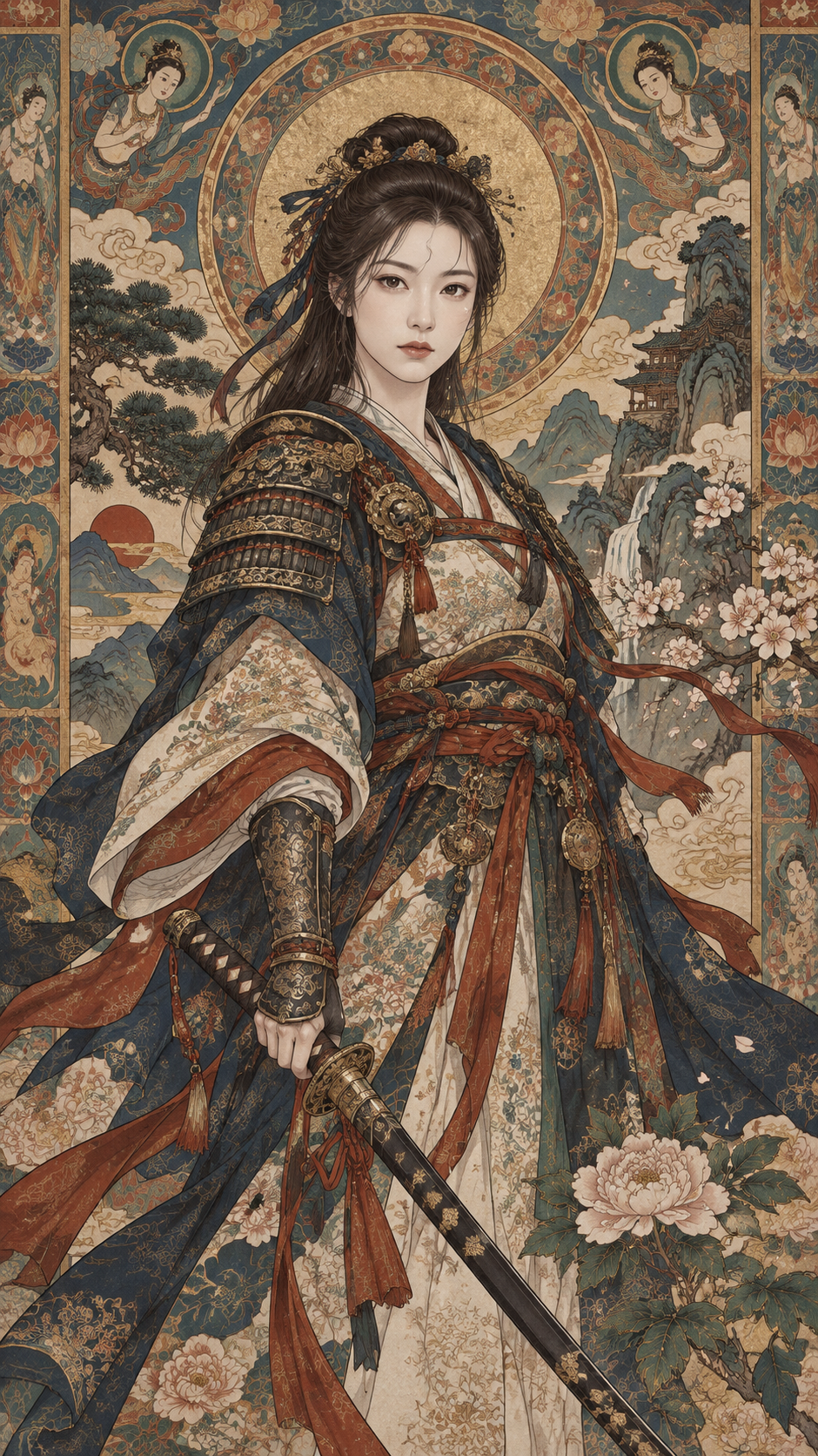 敦煌工笔与江户木版画风原创战士插画 — AI image creation