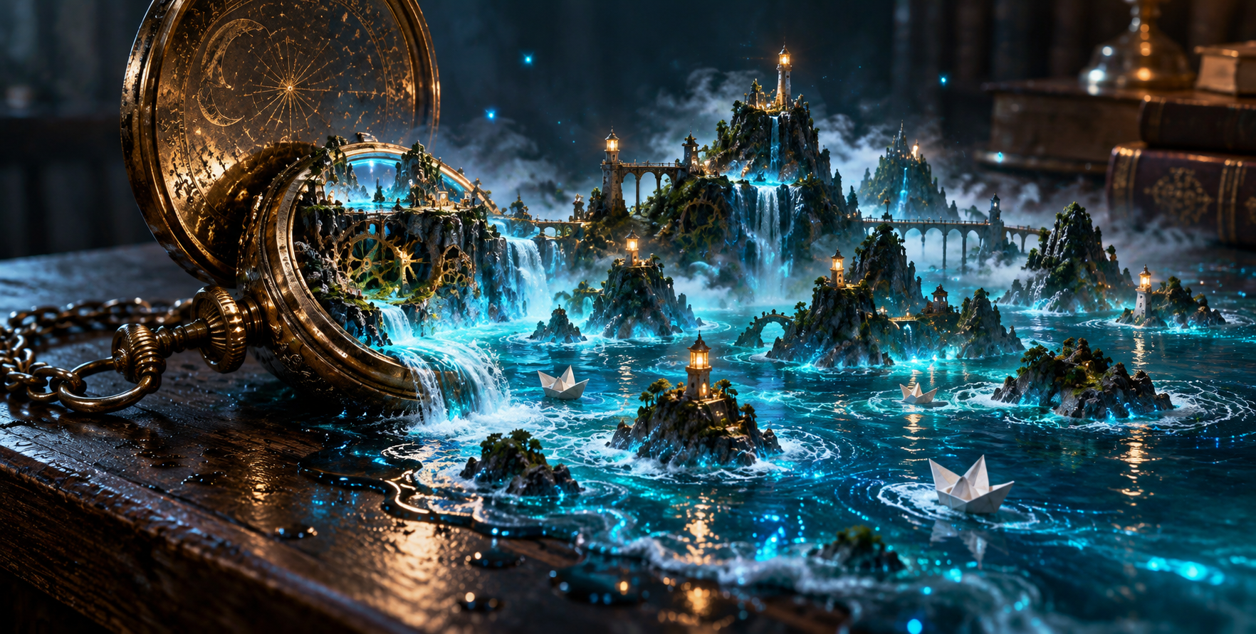 怀表中迸发的荧光微型海洋世界 — AI image creation