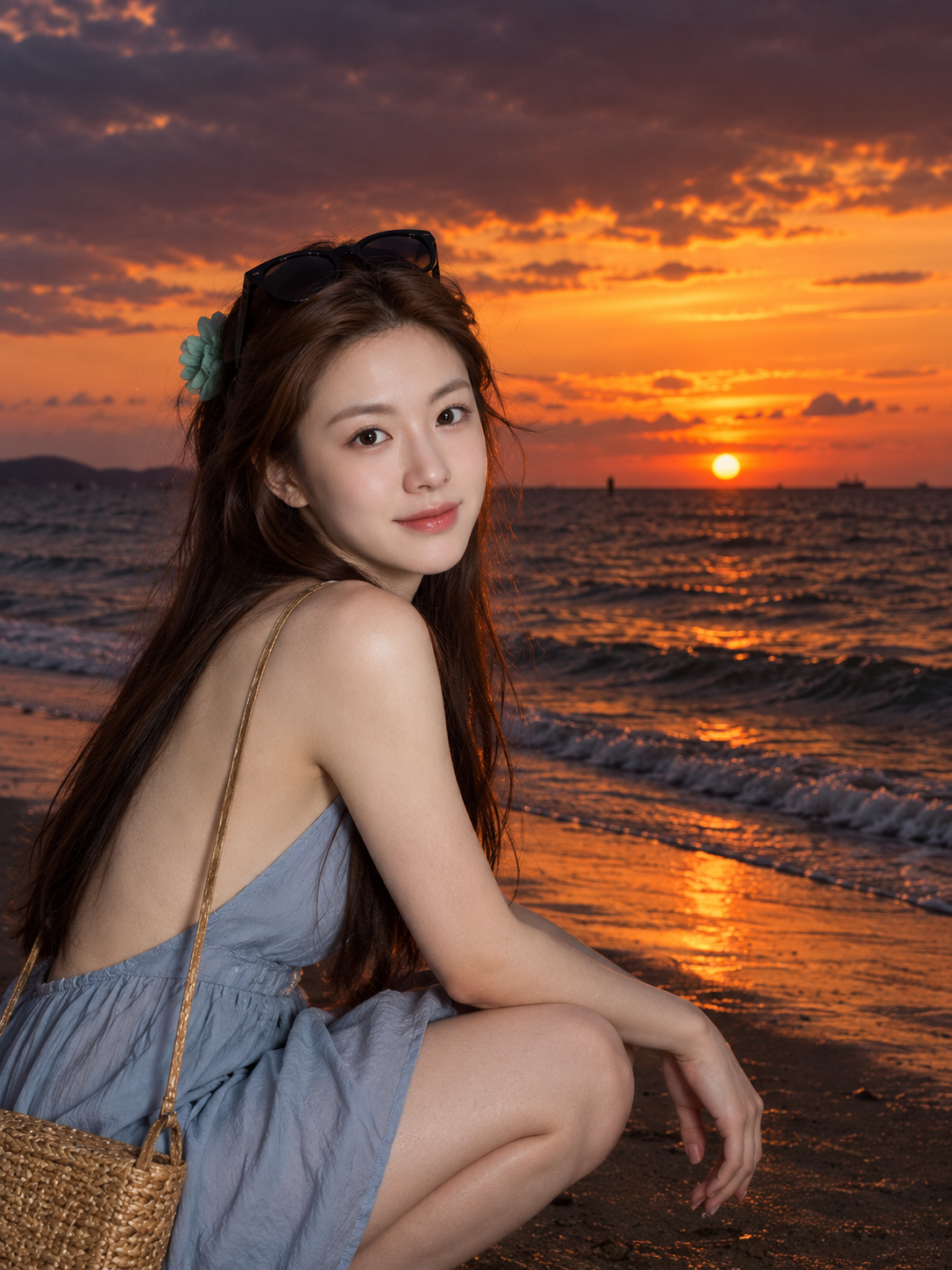 成年东亚女性海边日落随拍人像 — AI image creation