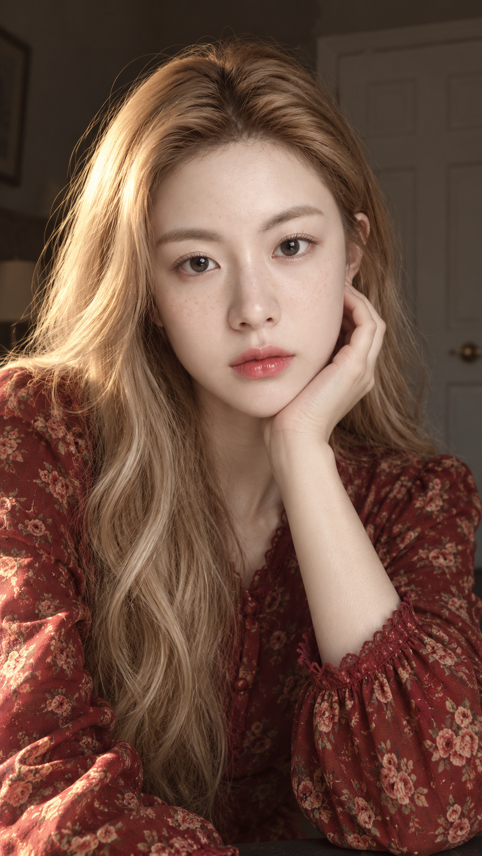 金色阳光下的雀斑女性特写肖像 — AI image creation