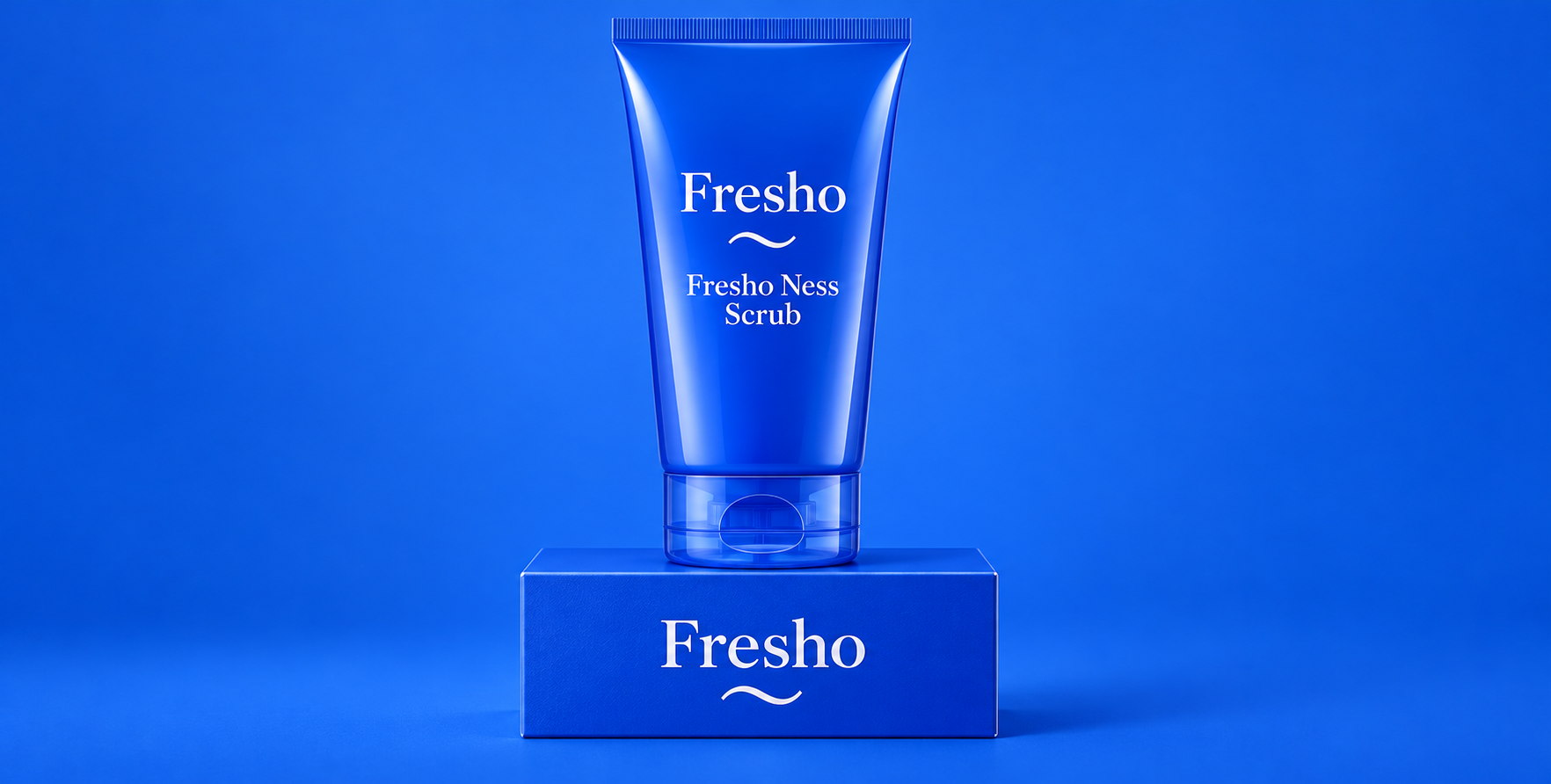 Fresho Ness Scrub 钴蓝色护肤品包装主视觉 — AI image creation
