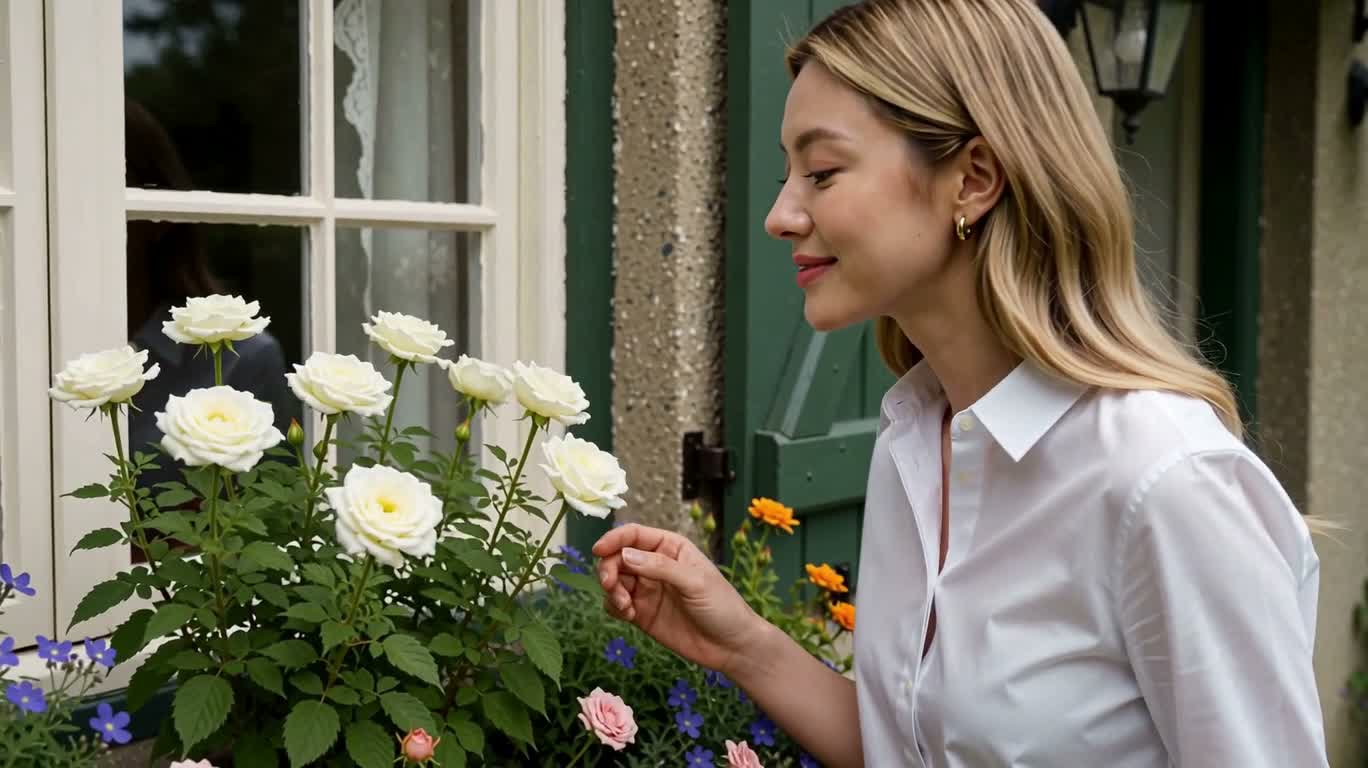 スイス人金髪女性と英国式窓辺の花箱 — AI video creation