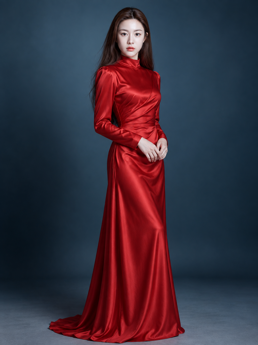 红色缎面礼服的优雅影棚时尚肖像 — AI image creation
