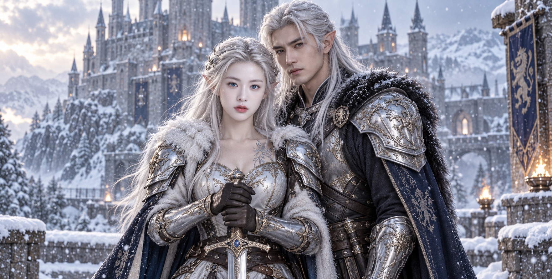 雪境城堡前的精灵战士情侣肖像 — AI image creation