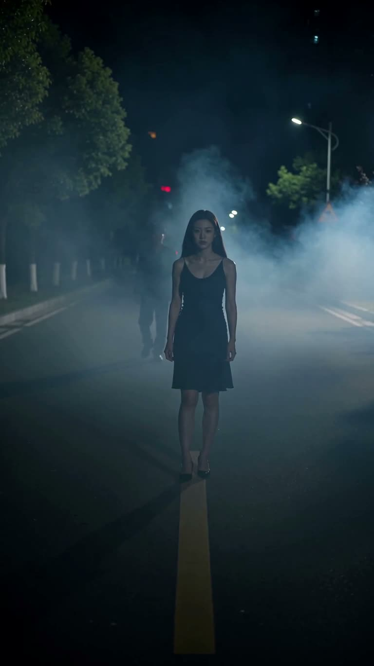 雾夜公路上的孤影