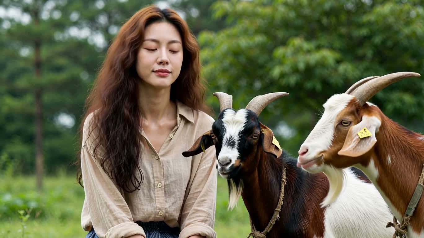 そよ風の中の男と二匹の山羊