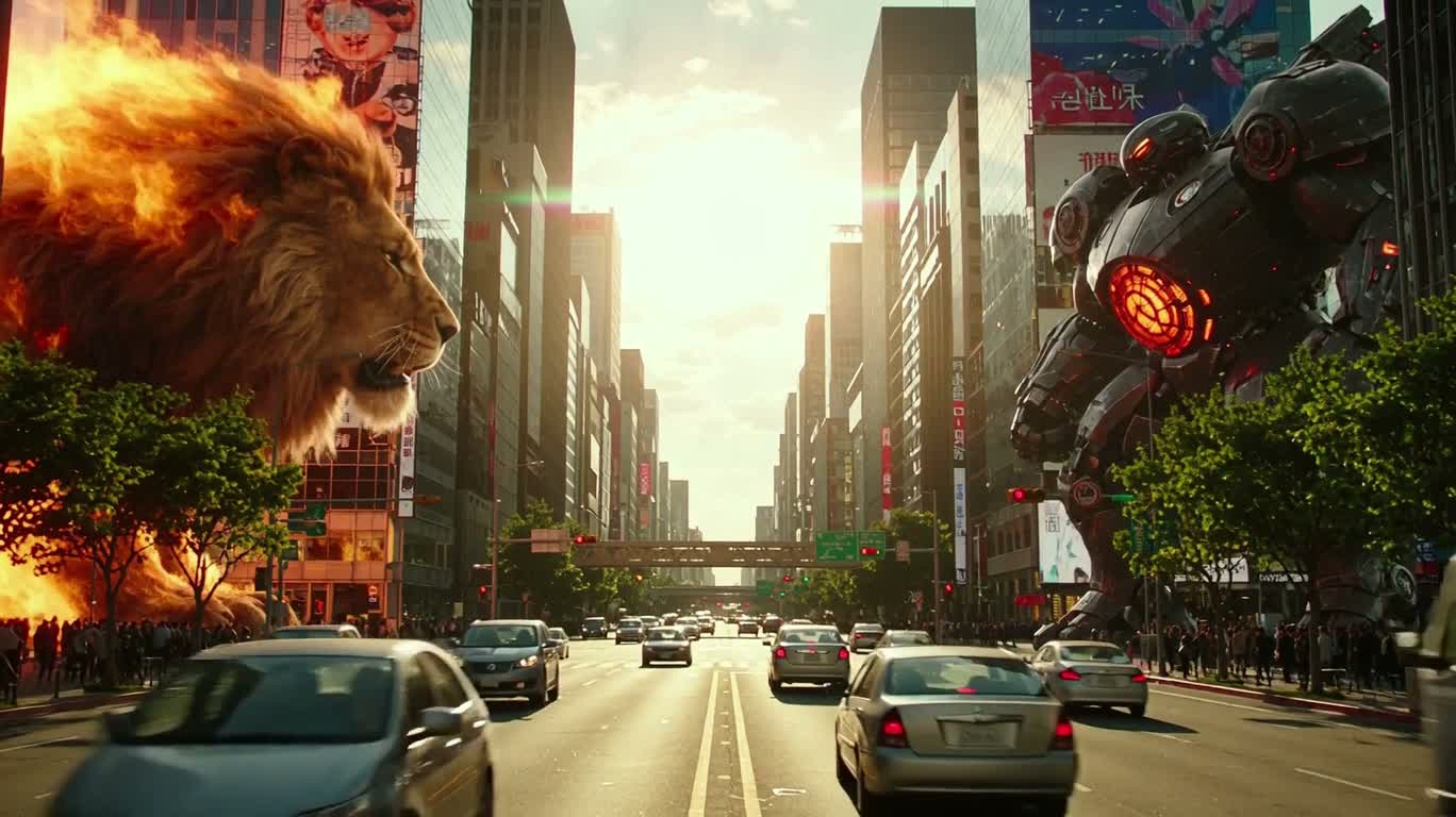 烈焰雄狮决战钢铁机甲 — AI video creation