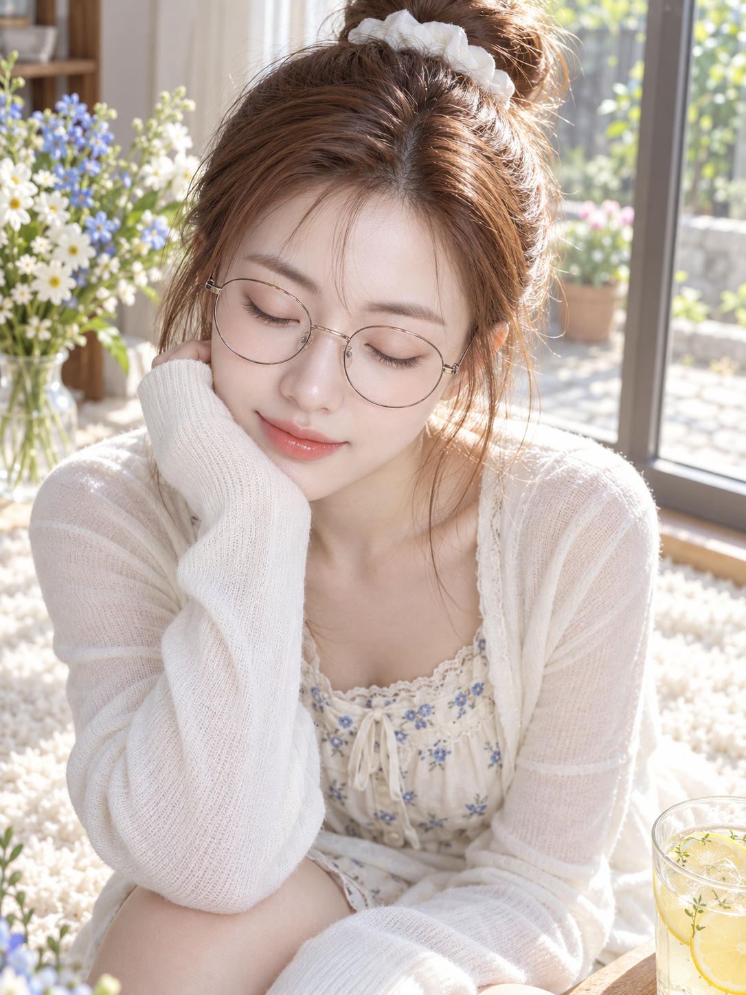 圆框眼镜与晨间花影·托腮人像