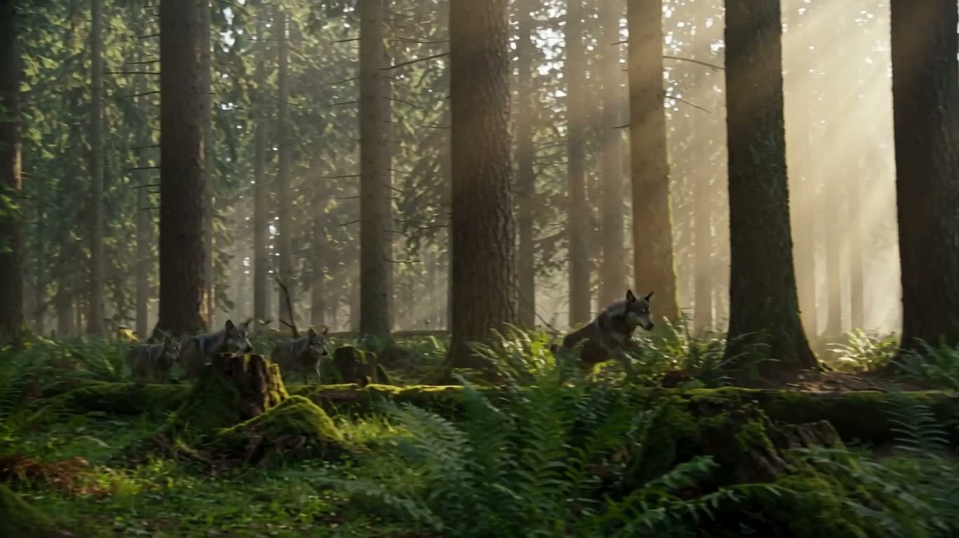 Loups dans la forêt brumeuse — AI video creation