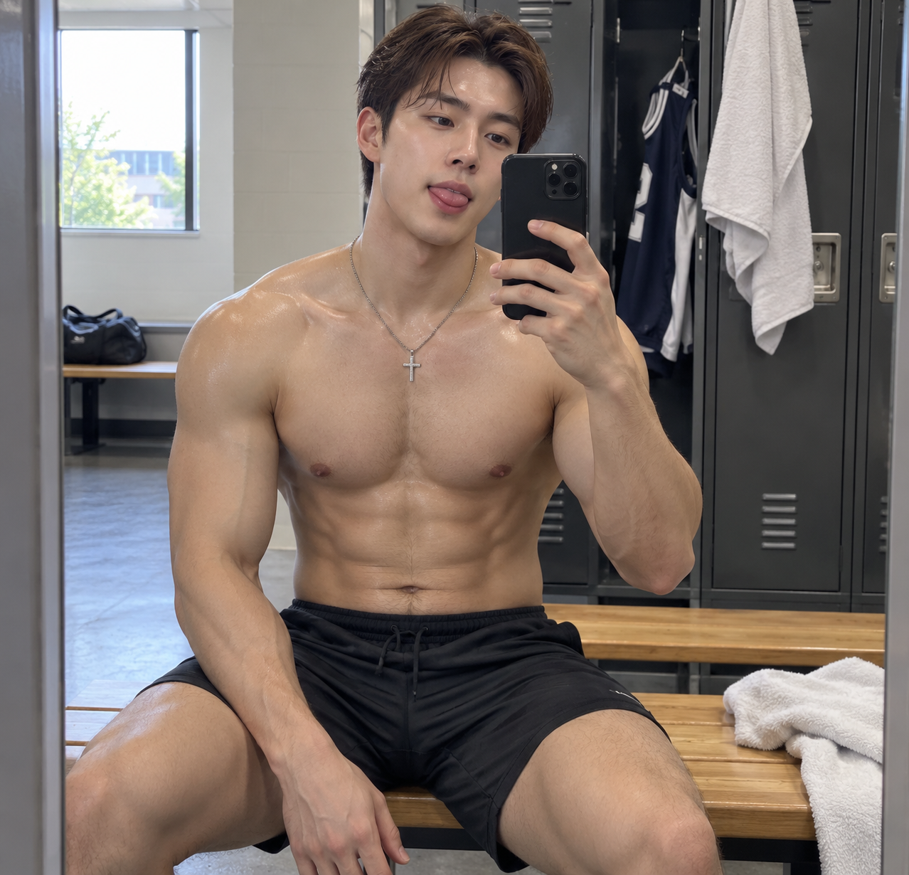 健身后更衣室里的成年男士镜自拍 — AI image creation