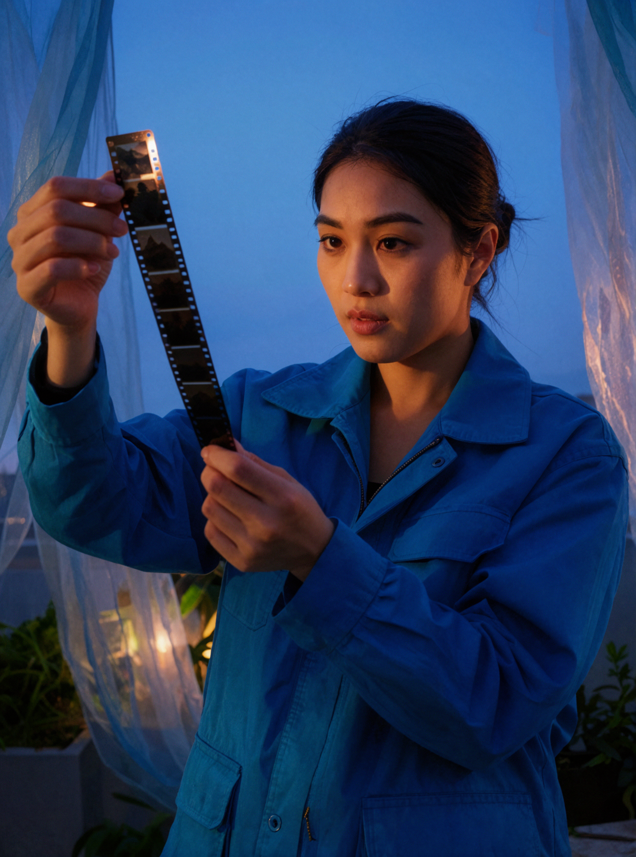 Adult Southeast Asian Female Photographer · Backlit Film · Blue Hour — AI image creation