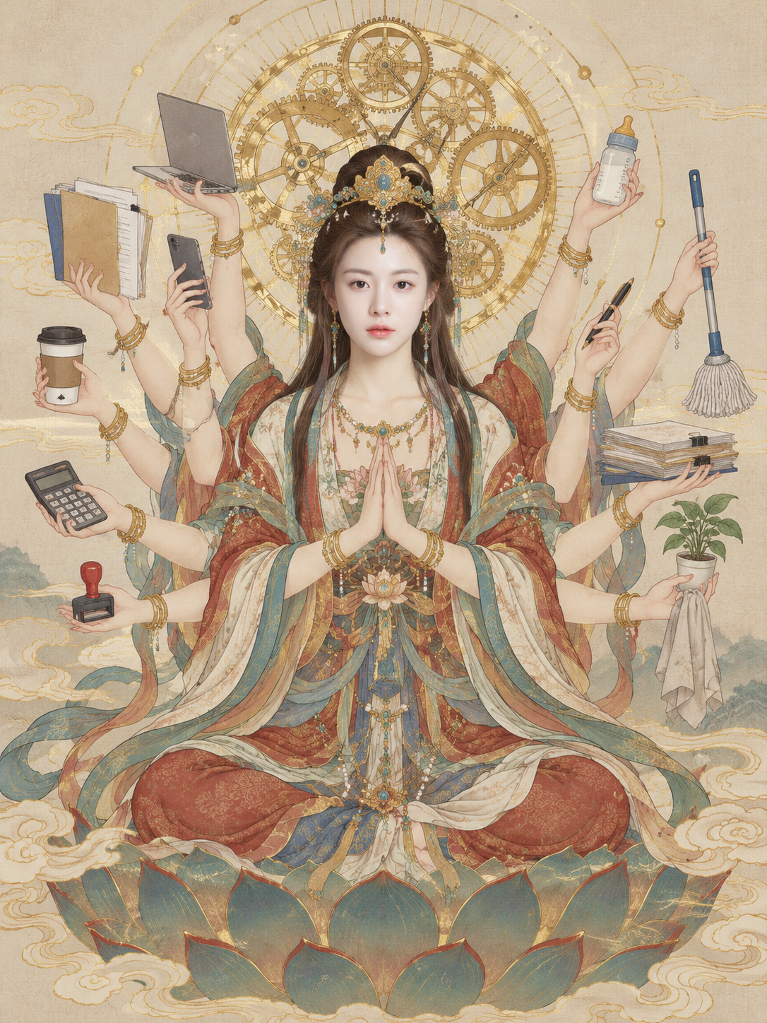 千手慈悲守护者的现代多任务工笔画 — AI image creation
