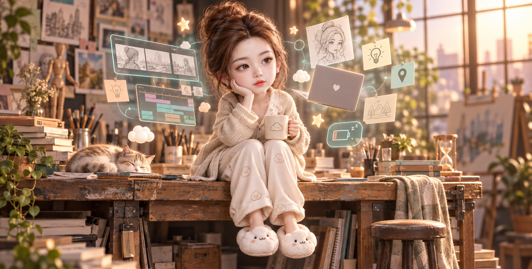 清晨创意工作室中的成年数字创作者Q版人偶 — AI image creation