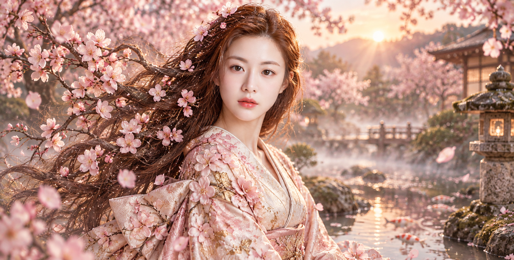 Sự hòa quyện mộng mơ giữa hoa anh đào nở và người đẹp kimono