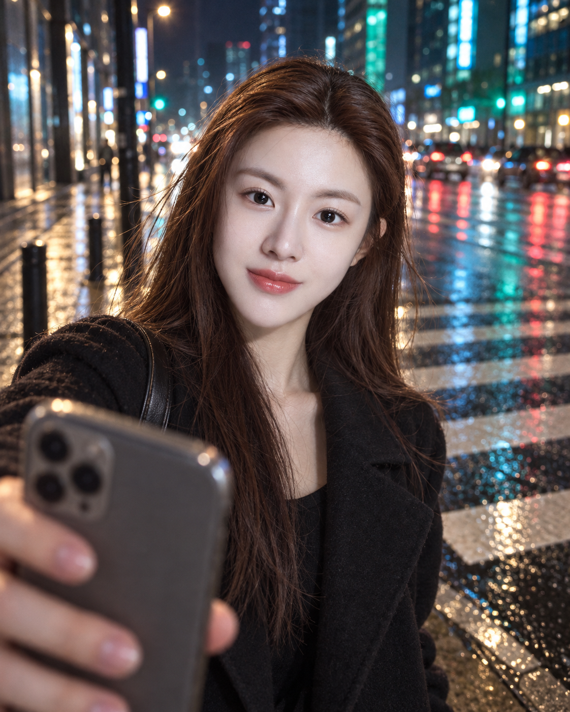 霓虹雨夜人行横道边的手机自拍人像 — AI image creation