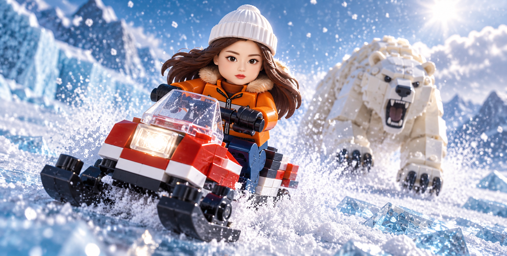 积木探险家雪地摩托逃离北极熊 — AI image creation