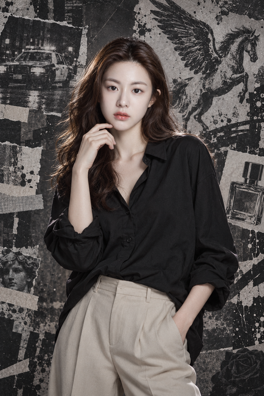 暗黑时尚拼贴墙前的成年女性肖像 — AI image creation