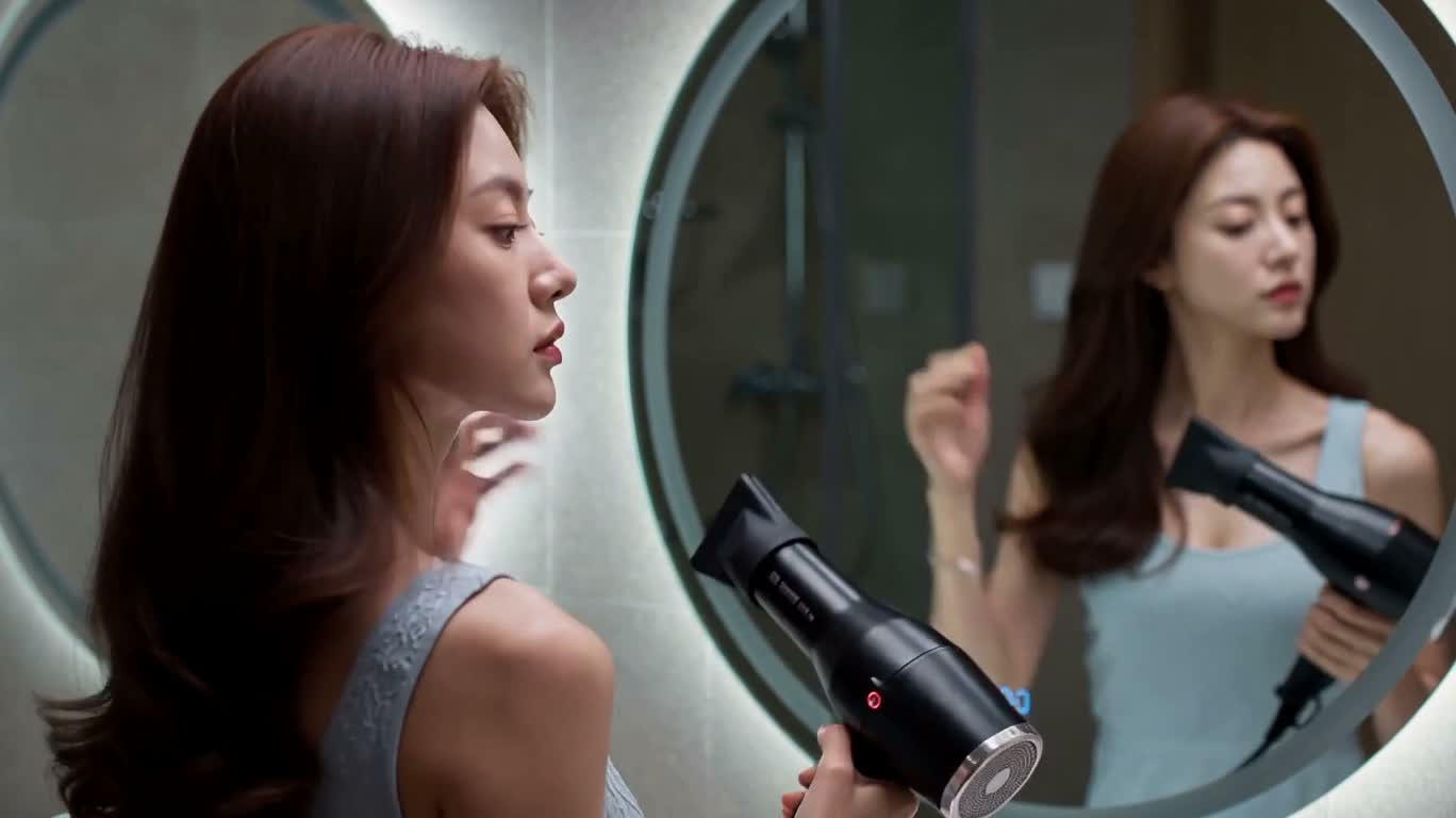 거울 앞 부드러운 빛 속 드라이