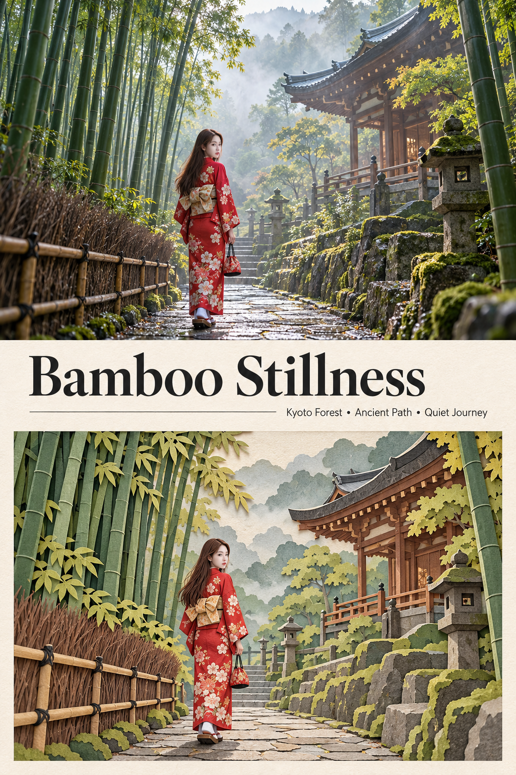 京都竹林摄影与同场景立体纸雕分栏旅行海报