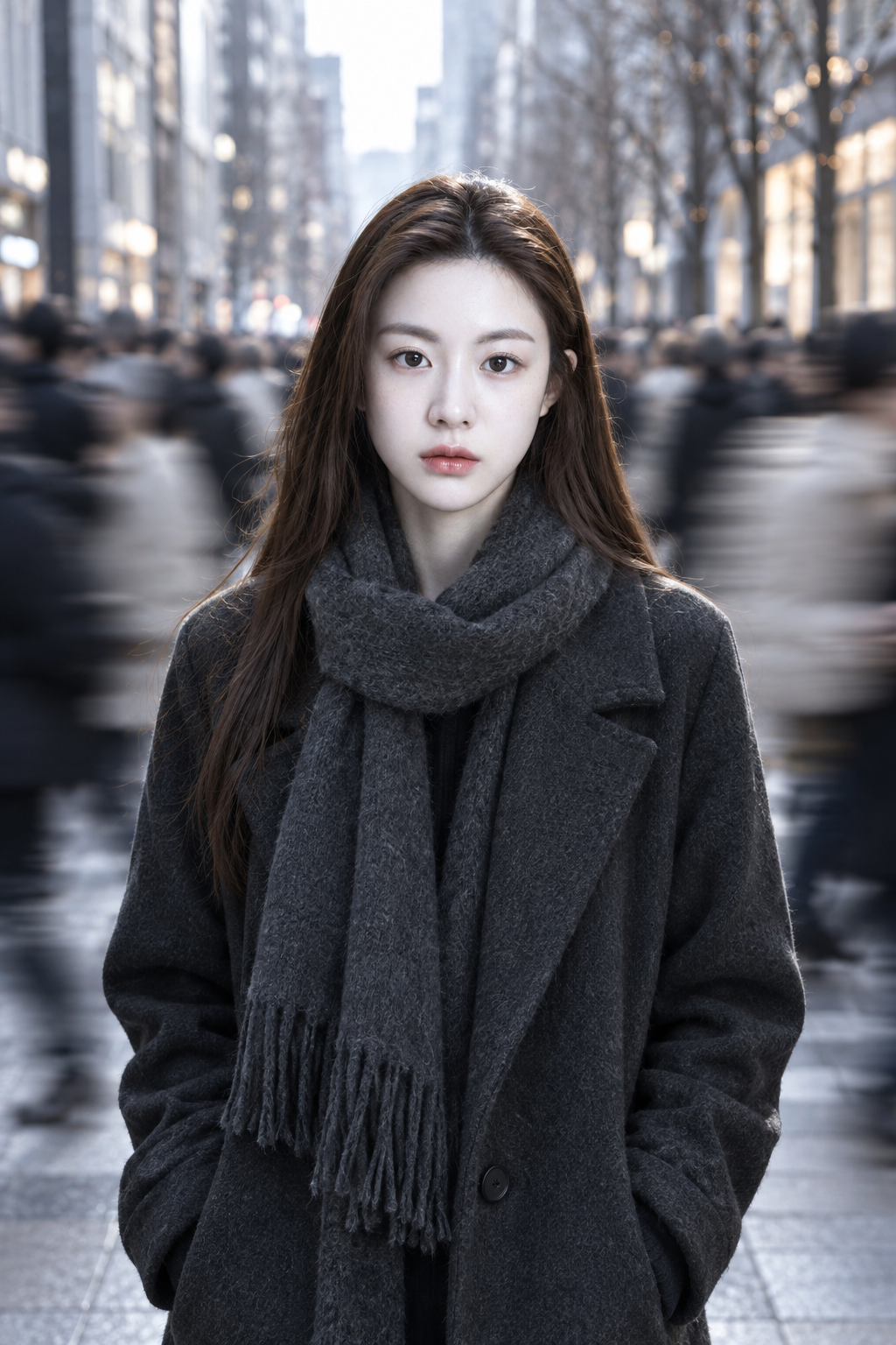 Portrait urbain immobile au milieu de la foule — AI image creation