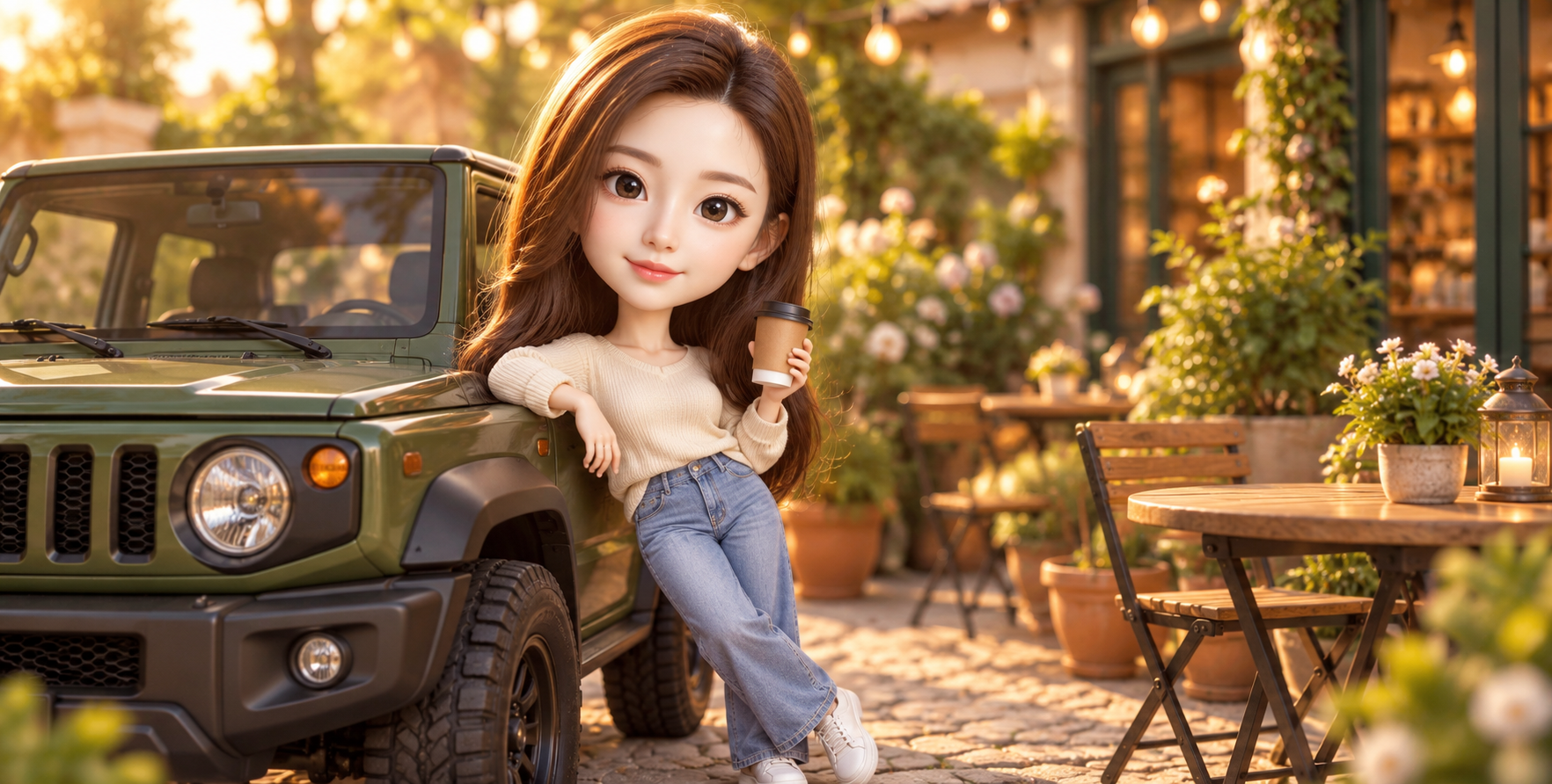 温馨咖啡庭院中的Q版角色与绿色吉普 — AI image creation