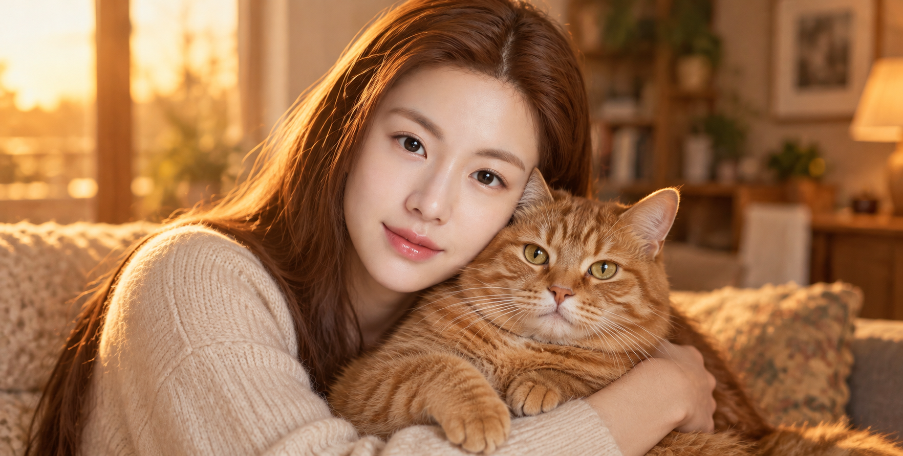 日落暖光下成年男性轻抱姜黄猫 — AI image creation