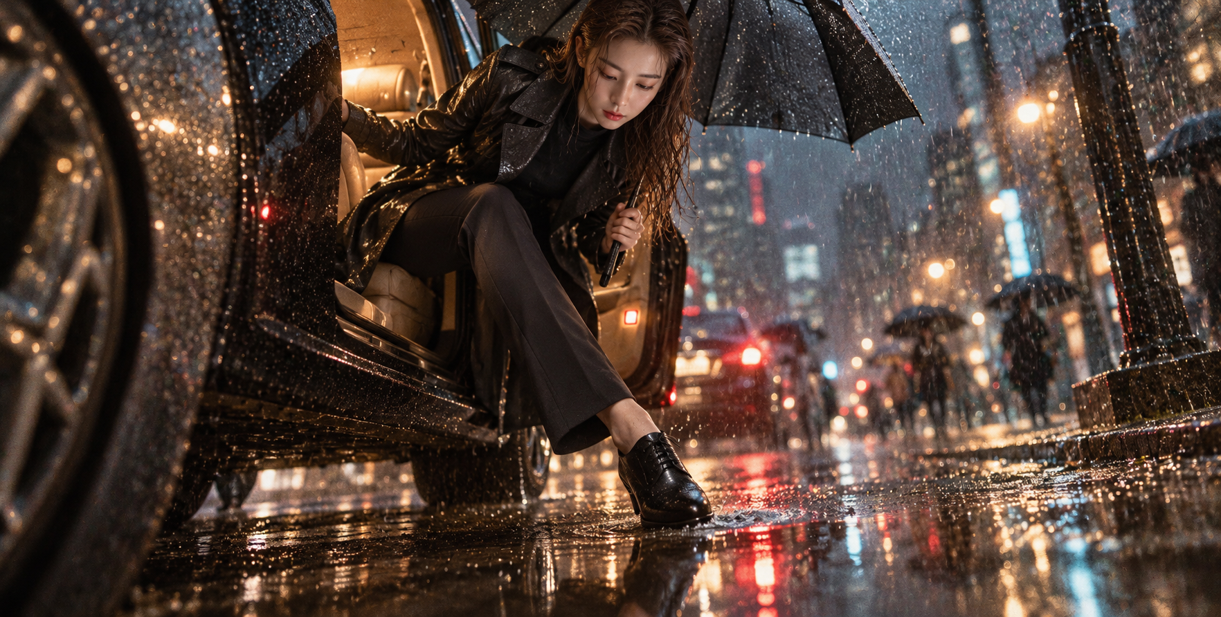 雨夜低机位离车时尚大片