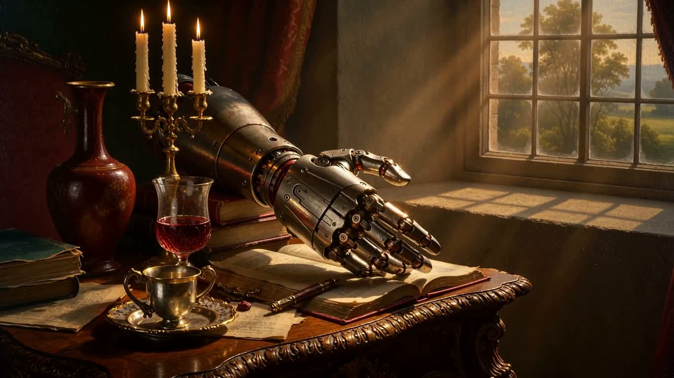Nature morte à l'heure dorée avec un bras cybernétique — AI video creation