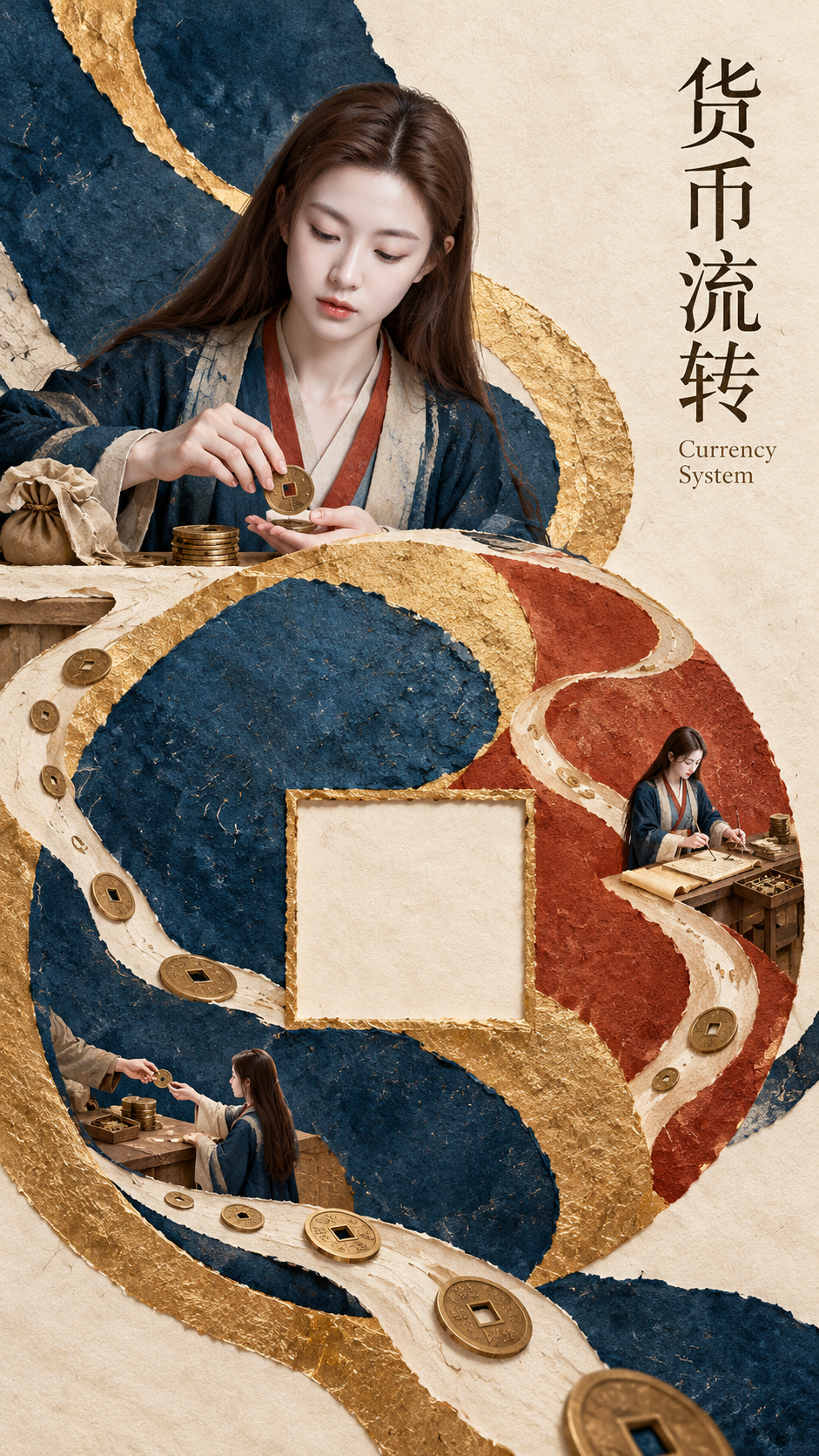 现代东方纸纤维货币制度展览海报 — AI image prompt