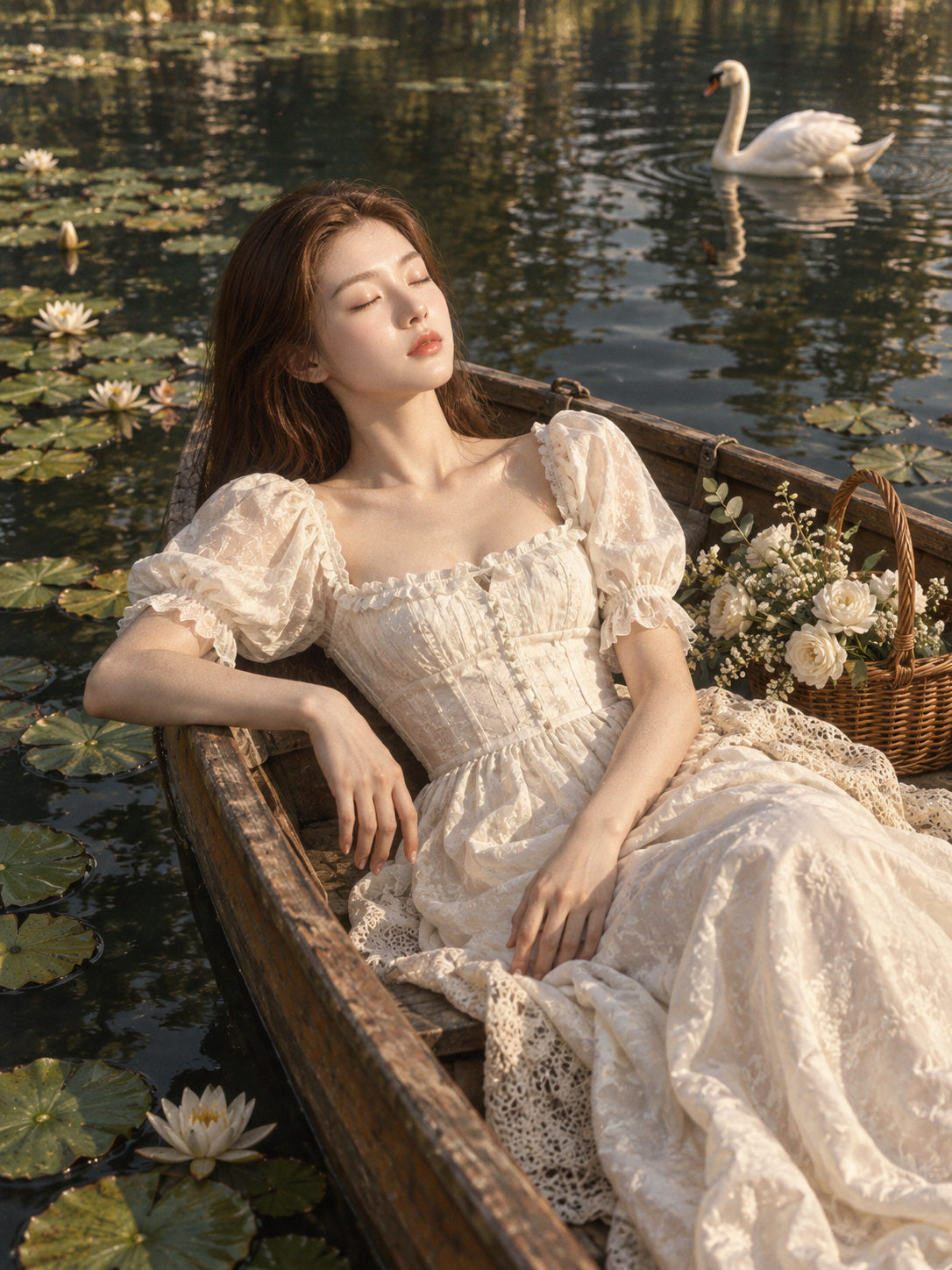静谧湖面白裙成年女性与天鹅画卷 — AI image creation