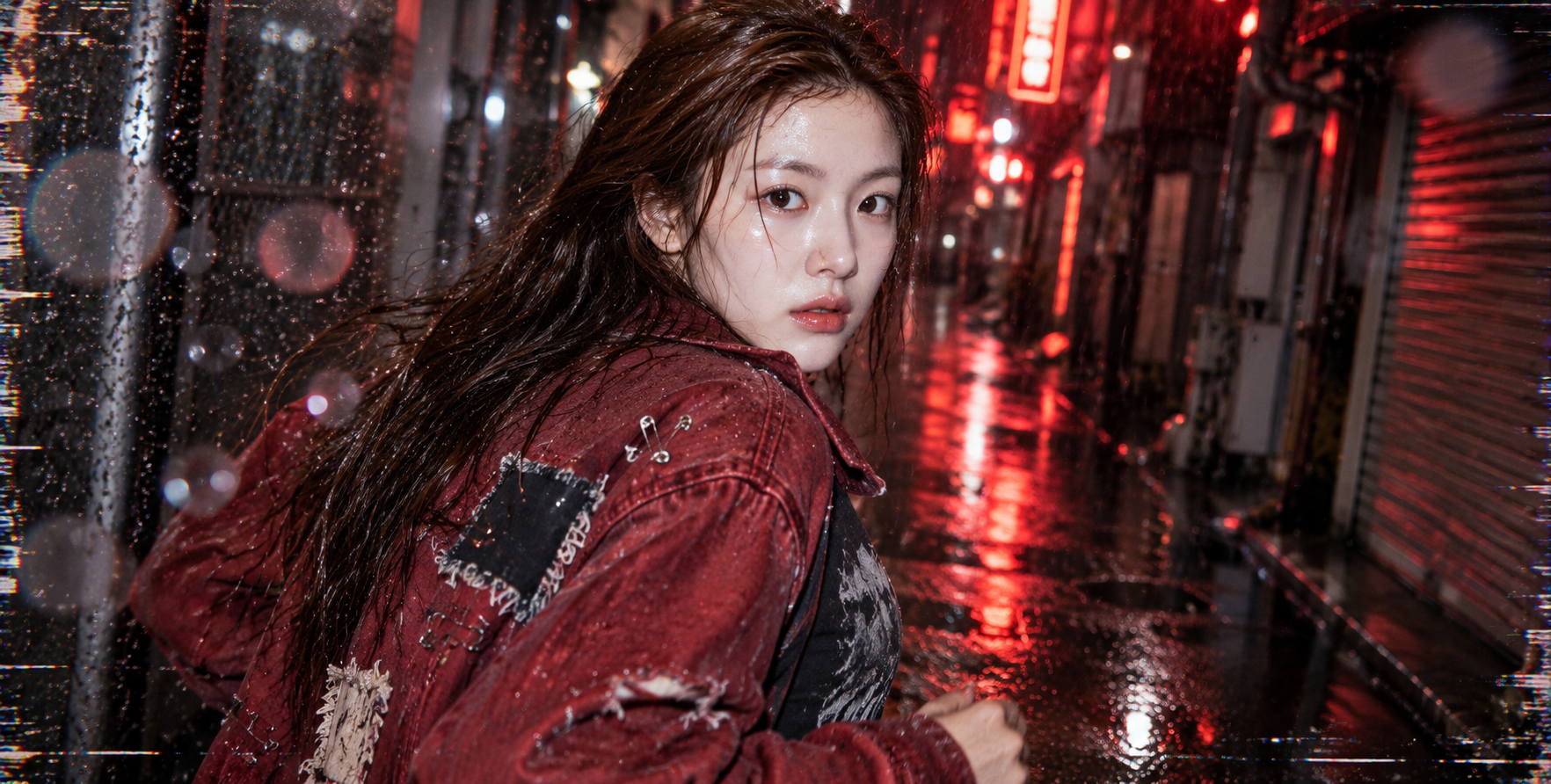 雨夜霓虹巷中的朋克街头时尚抓拍 — AI image creation