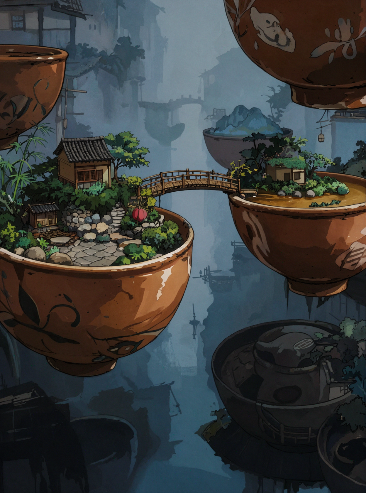 하늘을 나는 도자기 시장 · 애니메 셀 스타일 — AI image creation